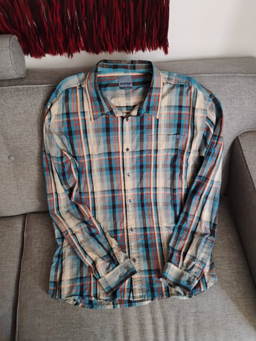 prAna Shirt Mens XXL Blue Red Plaid Organic Cotton Blend Button Down long sleeve